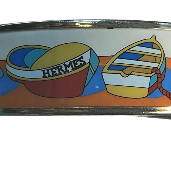 Hermès Thalassa Enamel Bangle Bracelet Silver Tone Wide White Blue Boat Design - Picture 8 of 12